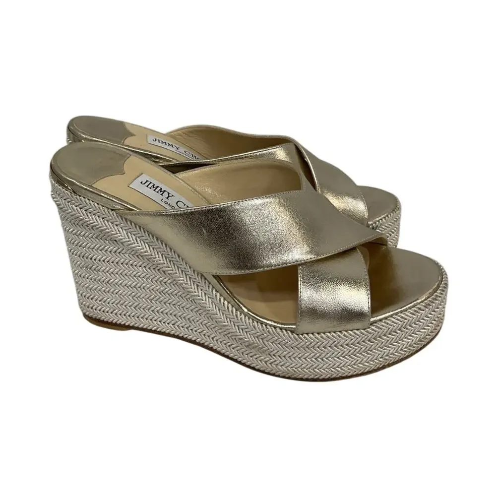 Jimmy Choo Dovina Gold Espadrille Wedge Sandals 37 EU